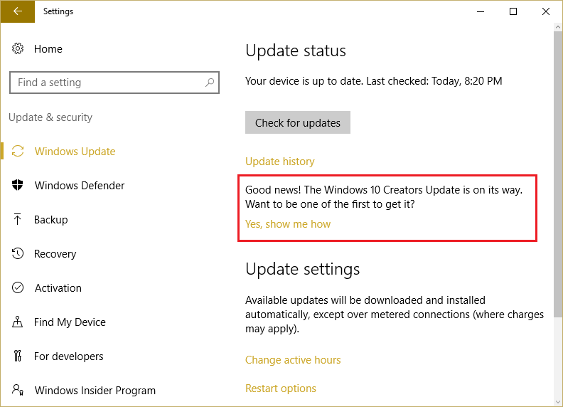 Disable Windows Creators Update notice in Windows Update