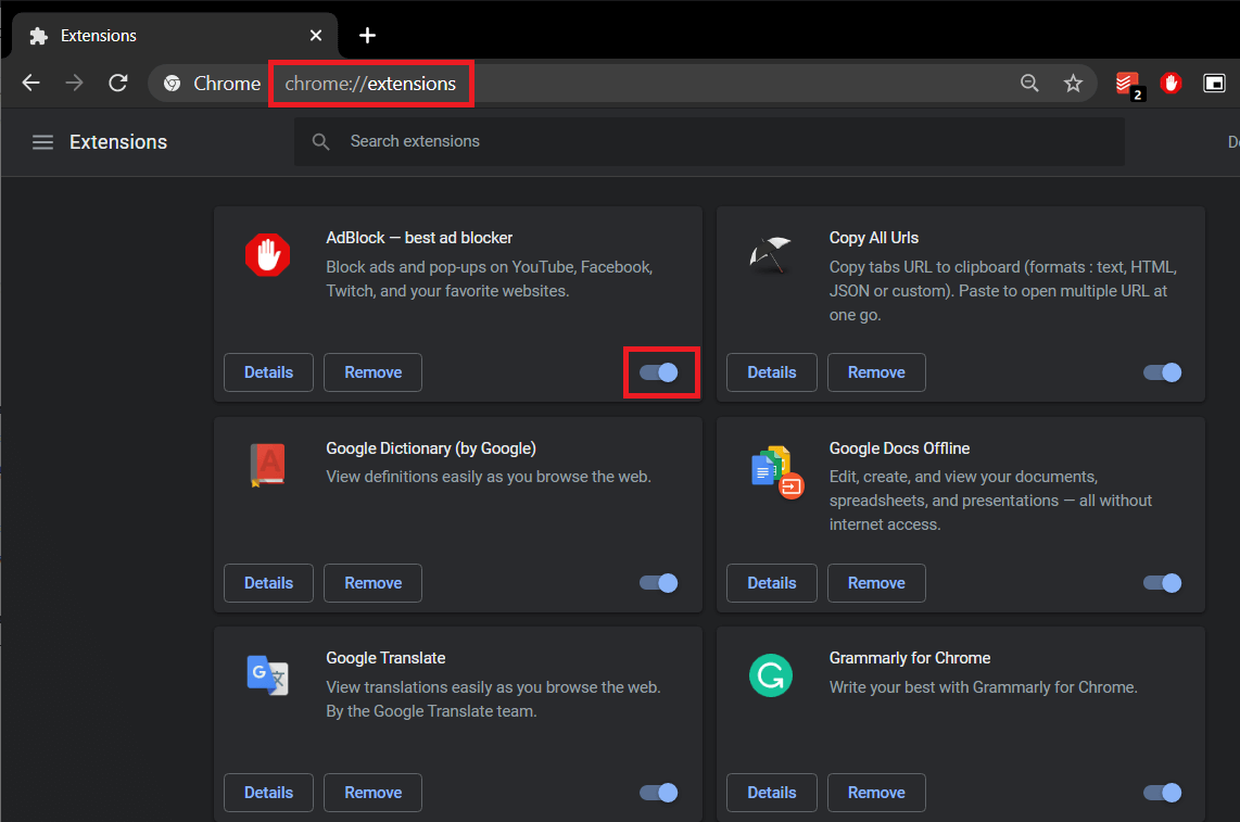 Disable all ad-blocking extensions by switching their toggle switches to off | Fix Facebook Images Not Loading