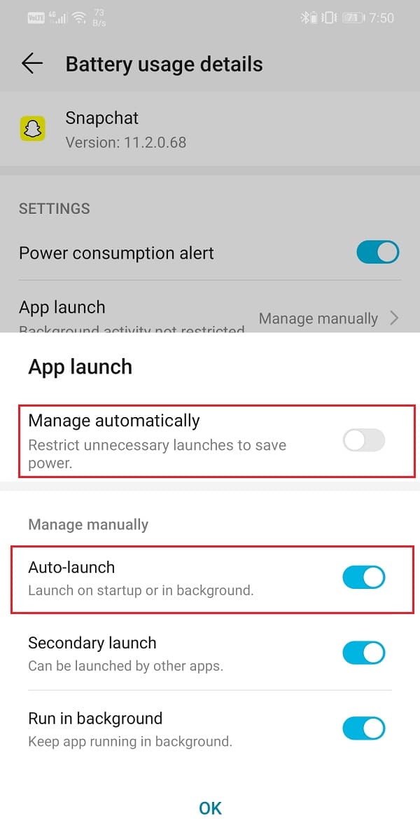 Disable the Manage Automatically setting and enable the toggle switches next to Auto-launch