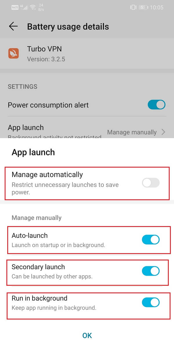 Disable the Manage Automatically setting then make sure to enable the toggle switches next to Auto-launch, Secondary launch, and Run in Background