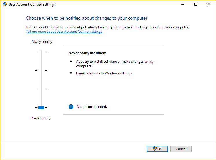 Отключите контроль учетных записей пользователей (UAC) в Windows 10.
