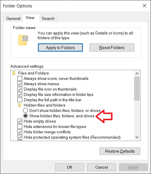 Double click on Hidden files and folders to open a sub-menu and enable Show hidden files, folders, or drives