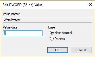 Double-cliquez sur la clé WriteProtect et définissez sa valeur sur 0 afin de désactiver la protection en écriture.
