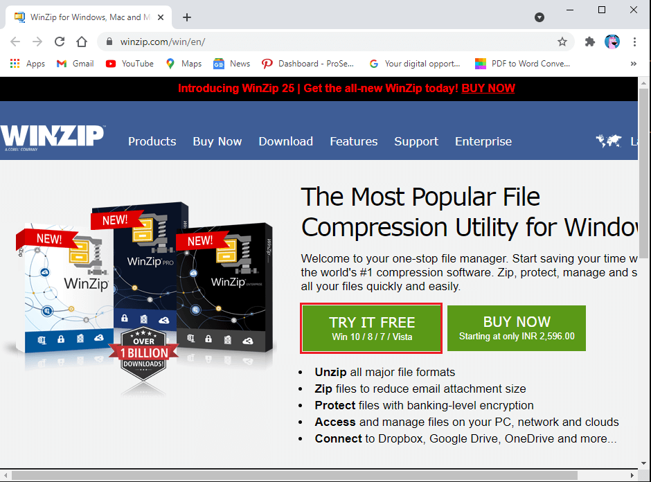 Download and install the trial version of the WinZip tool on your Windows 10 | How to Extract RAR files on PC or Mobile