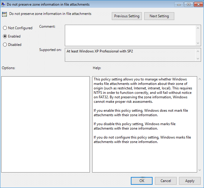 Enable Do not preserve zone information in file attachments policy