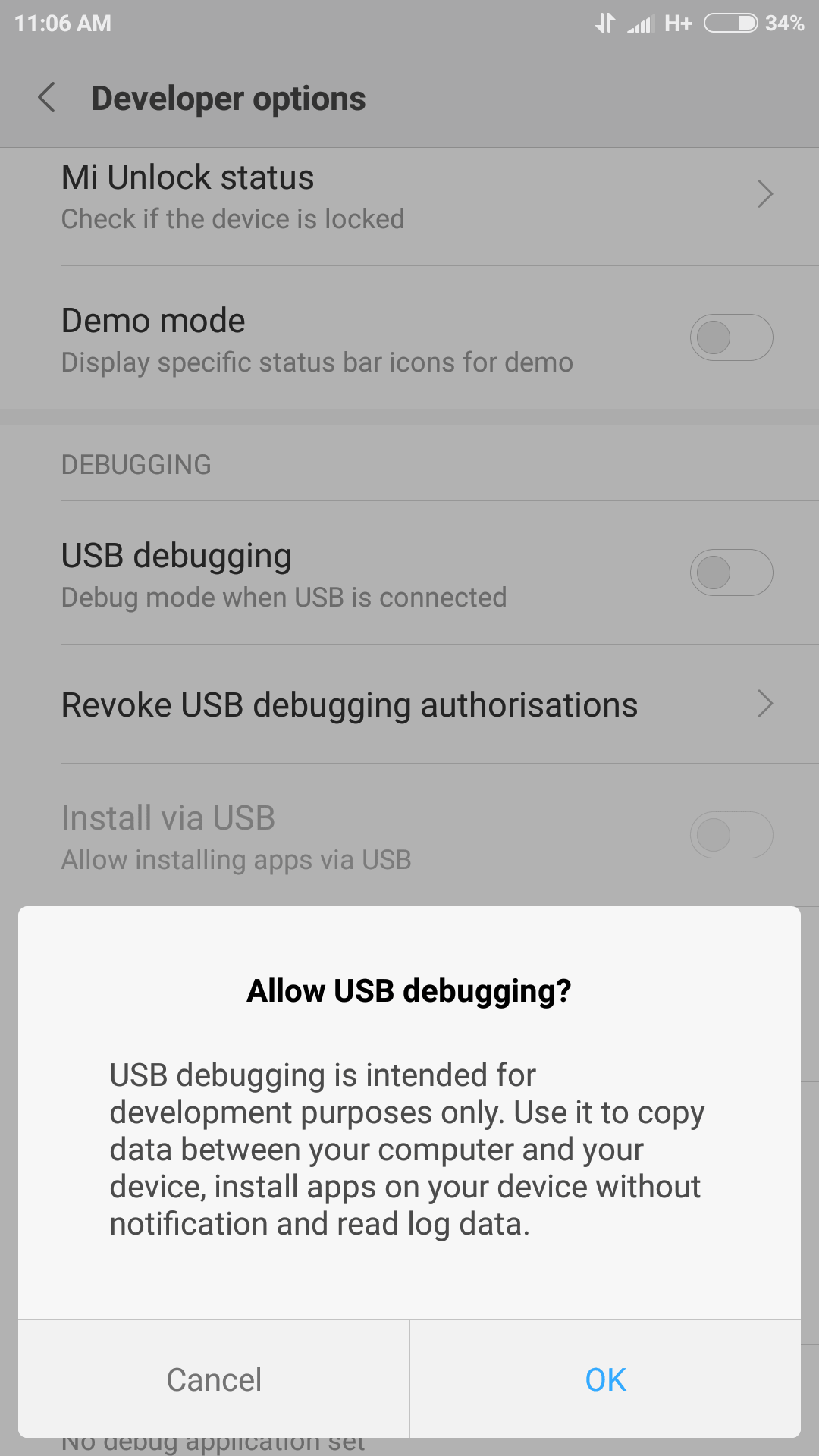 Allow the permission for USB debugging