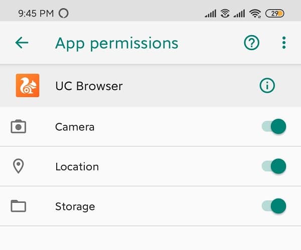Enable permissions for camera, location and storage