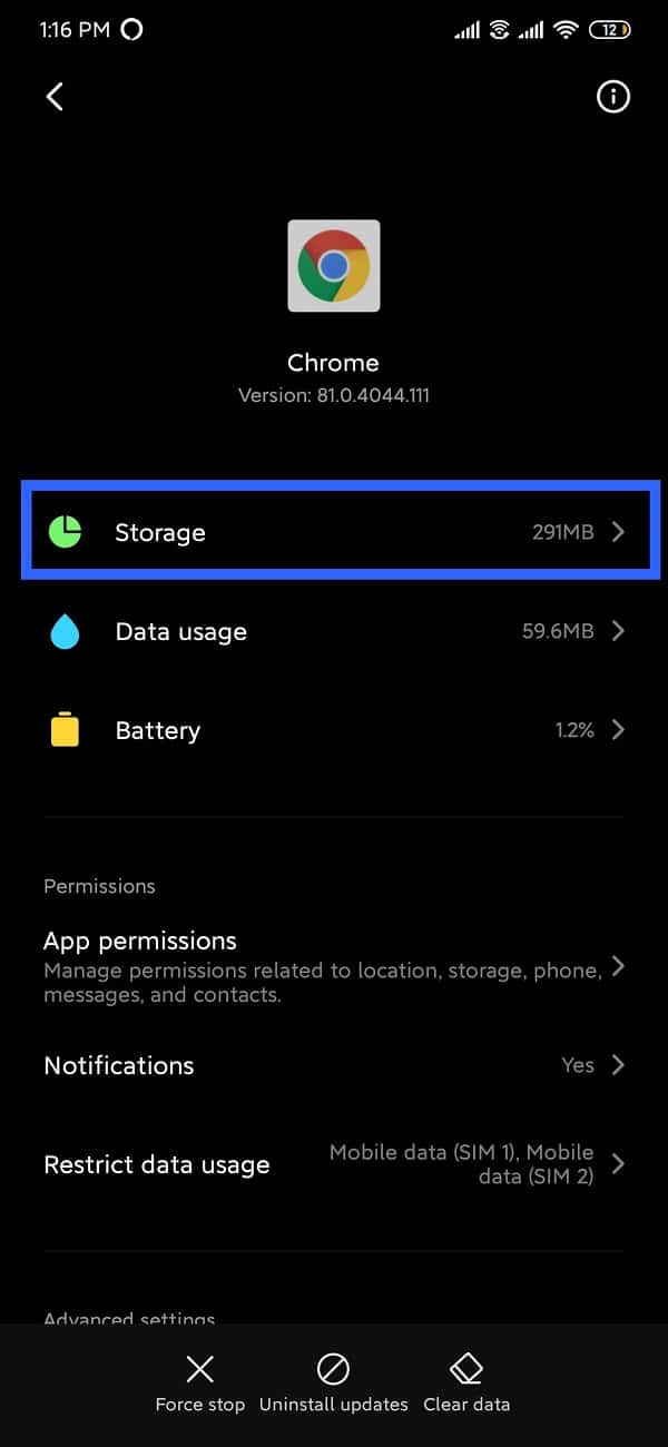 Tap on storage under app details