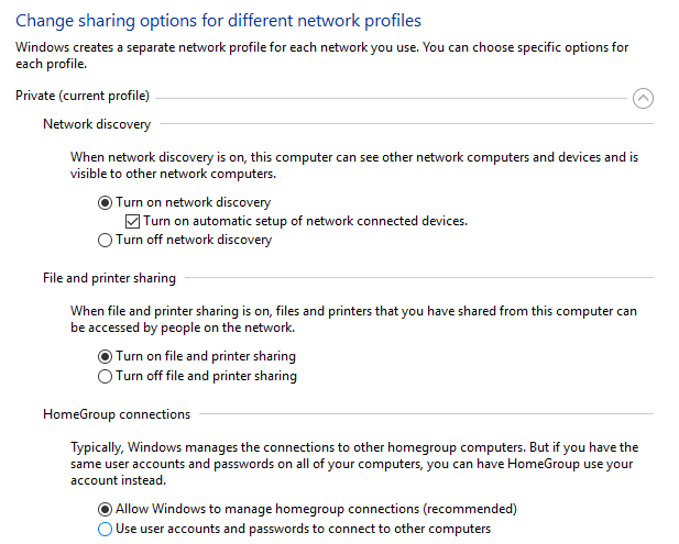 Enable the Network discovery, File and printer sharing and Public folder