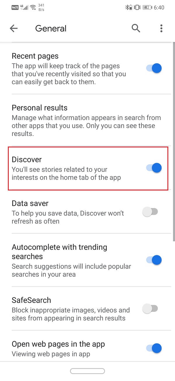 Enable the toggle switch next to the Discover option | Enable or Disable Google Feed on Android