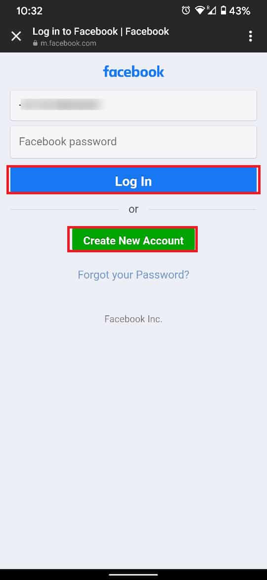 Enter Facebook log in details | Fix Action Blocked on Instagram Error