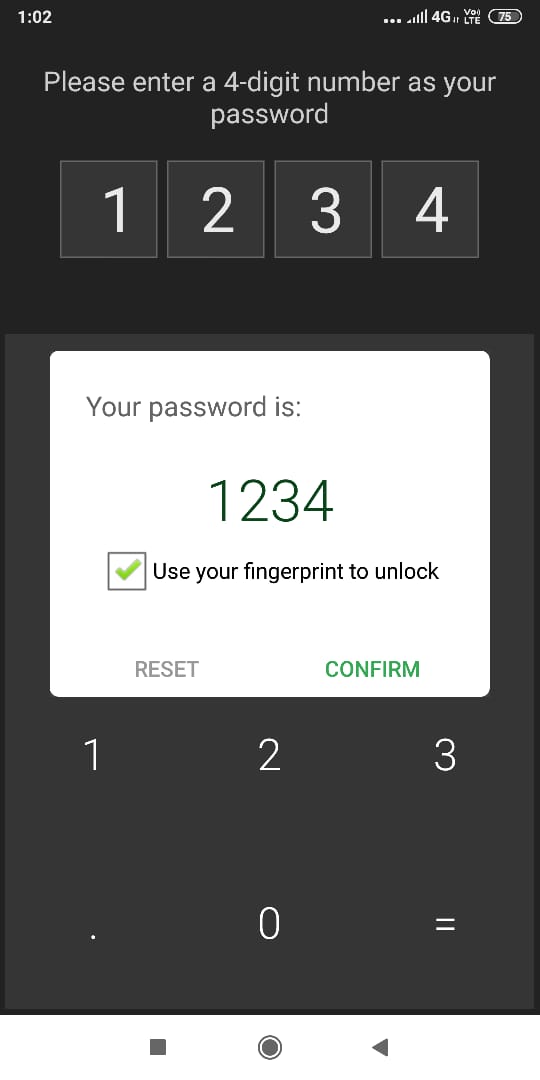 Enter a 4 digit password for the Calculator Vault app