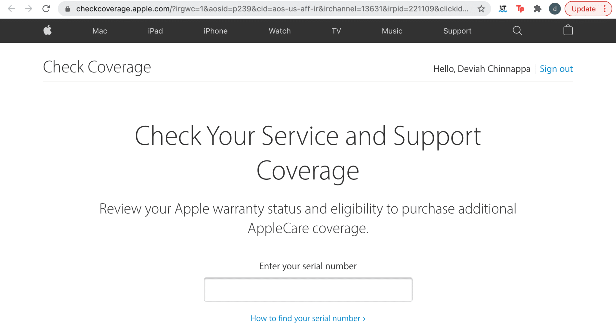 Enter the Serial number of the Apple device. Apple service and support coverage