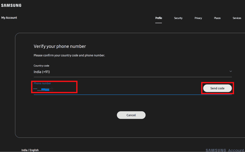 Enter the new Phone number and click on Send code