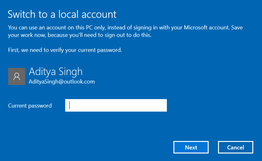 הזן את הסיסמה עבור חשבון Microsoft שלך ולחץ על הבא
