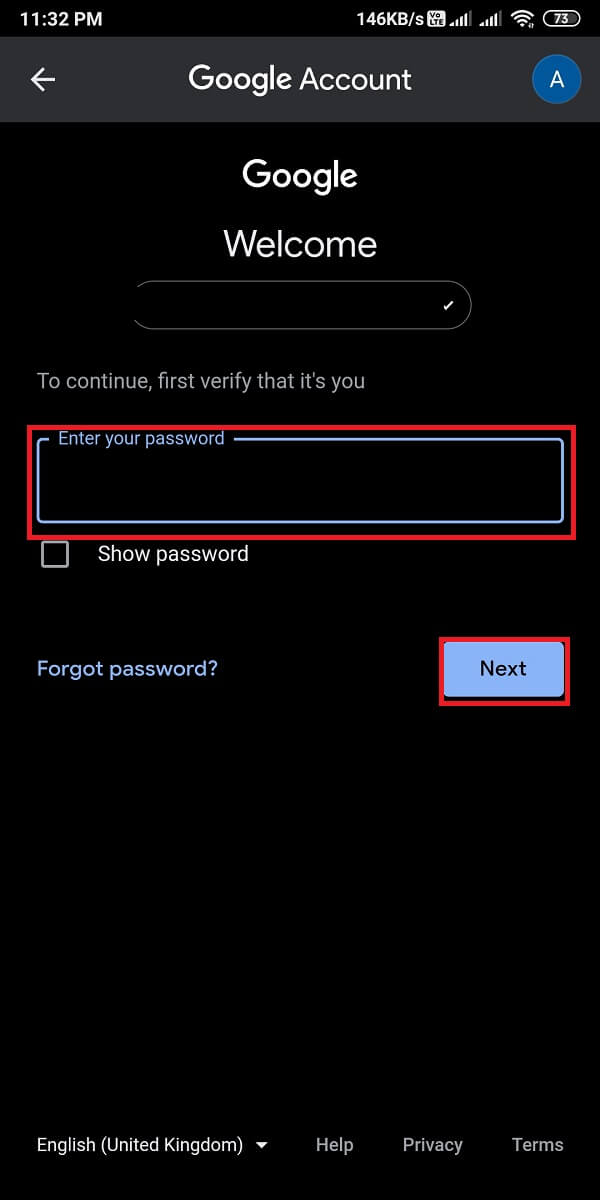 Enter your Google account password to verify your identity and click next.