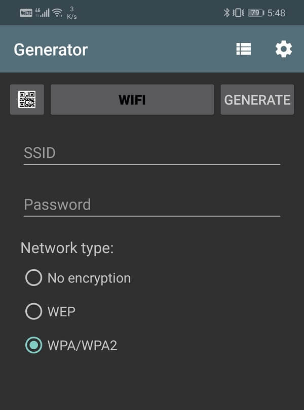 Enter your SSID, password, and select network encryption type | Share Wi-Fi Passwords on Android