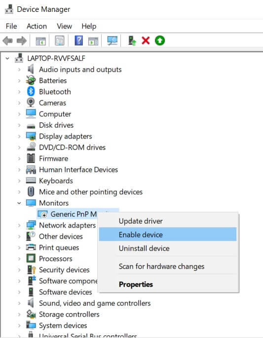 Expand Monitors and right-click on Generic PnP Monitor and select Enable