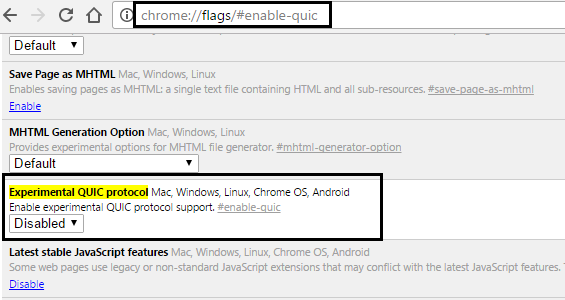 Experimental QUIC protocol disabled in chrome flag