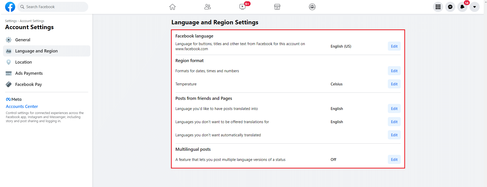 Facebook language and region settings