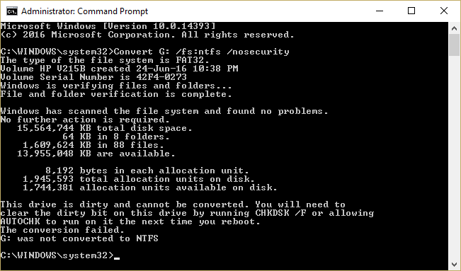 Failed conversion from FAT32 to NTFS