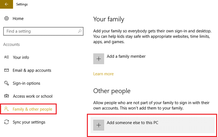 Famiglia e altre persone, quindi fai clic su Aggiungi qualcun altro a questo PC