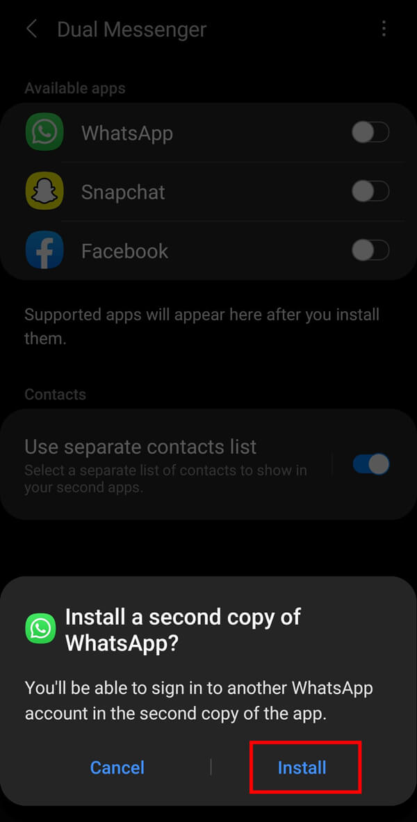 Finally, tap on the Install button to install a copy of the WhatsApp app on your smartphone. 