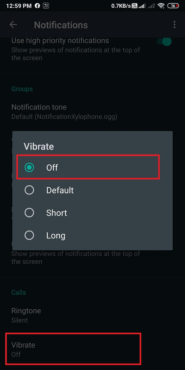 Finally, tap on ‘Vibrate’ and tap on ‘Off.’ | How To Mute Whatsapp Calls On Android?