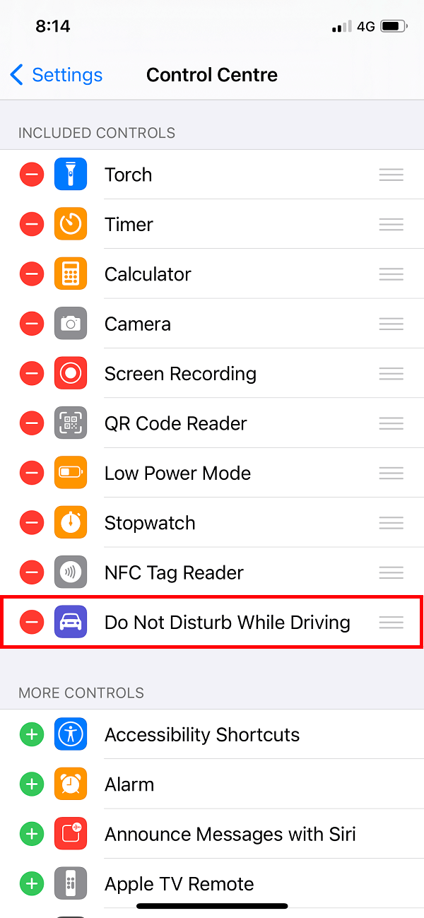 Finally, you can include do not disturb while driving in the Control Centre