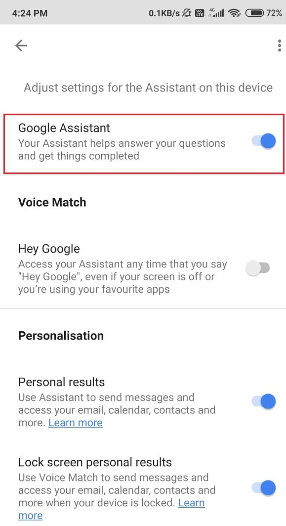 Find Google Assistant and toggle it on
