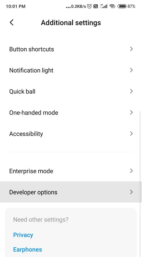 Find the Developers option and tap it