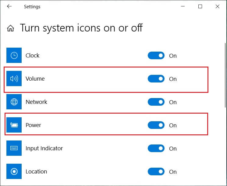 Find the icons for Power or Volume and make sure both are set to On