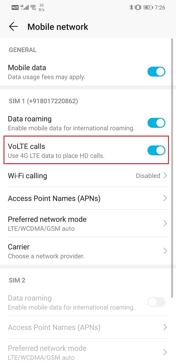 Busque la opción para llamadas VoLTE, luego active el interruptor al lado