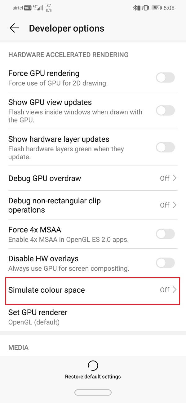 Find the option to Stimulate Color Space. Tap on it