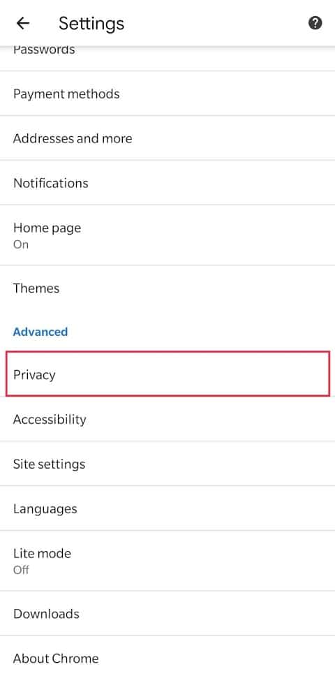 Find “Privacy” under the Advanced settings label and click on it