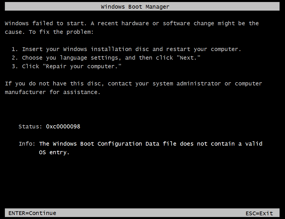 Fix Boot Error 0xc0000098 on Windows 10