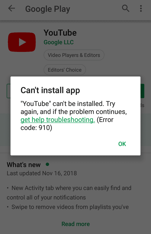 Fix Can’t install app Error Code 910 on Google Play Store