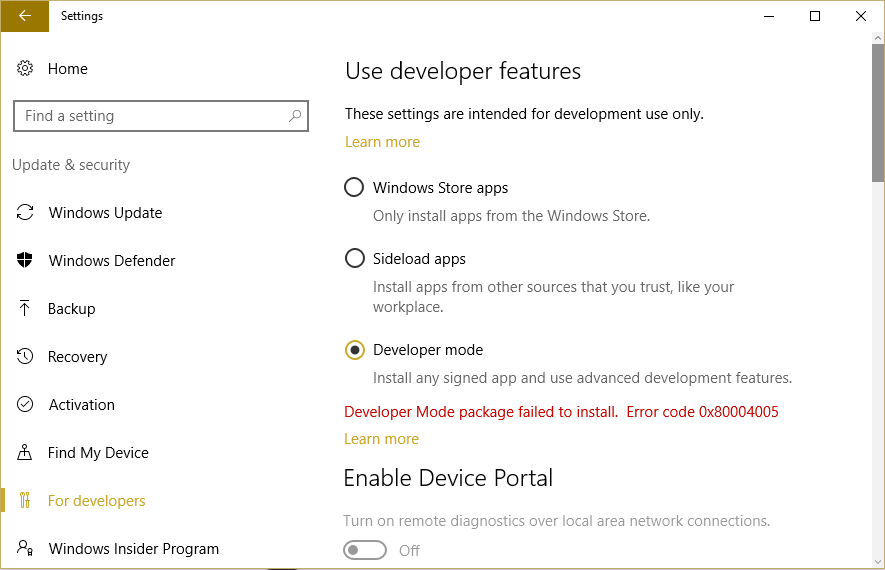 Fix Developer Mode package failed to install Error code 0x80004005