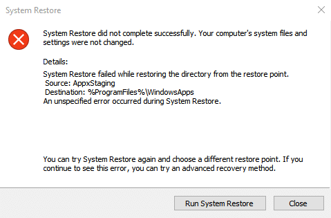 Fix System Restore did not complete successfully