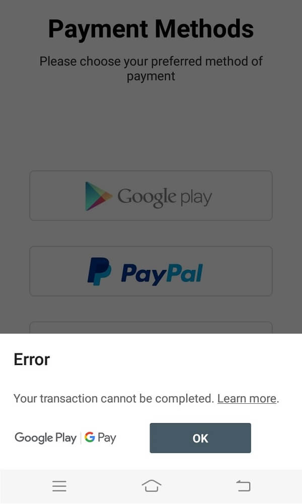 Fix Transaction cannot be completed in Google Play Store