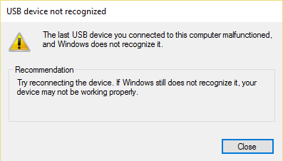 The last USB device connected to this computer malfunctioned, and Windows does not recognize it