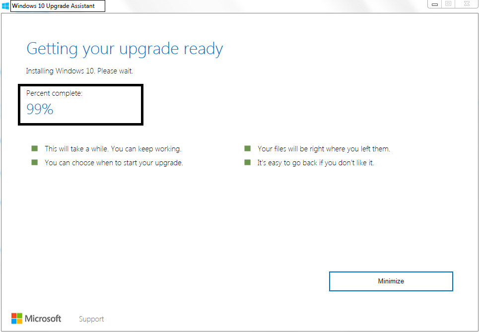 Fix Windows 10 upgrade assistant stuck at 99%