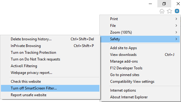 From Internet Explorer settings go to Safety then click Turn off SmartScreen Filter