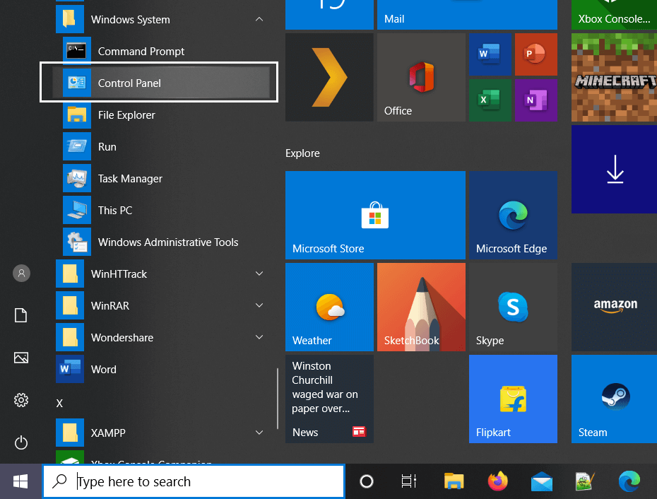 From Windows 10 Start Menu locate Widnows System then click on Control Panel