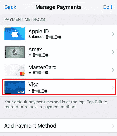From all your added methods, tap on the desired payment method you want to remove | How to Remove Credit Card from Apple ID
