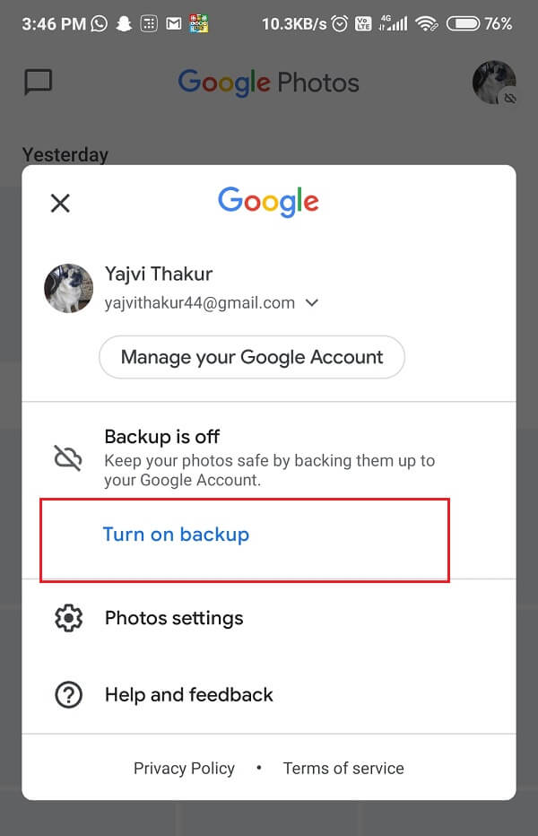 From drop down list select Turn on Back up | How to Back up your Android Phone