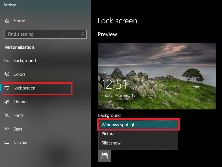 В раскрывающемся списке «Фон» выберите «Windows Spotlight | Высокая загрузка ЦП и диска Windows 10