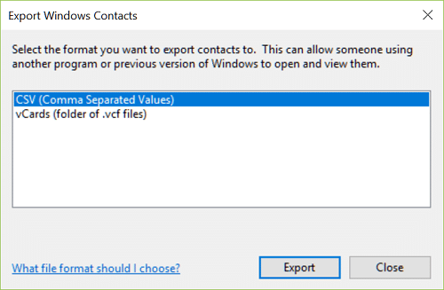 From the Windows Export Contact wizard, select vCards (folder of .VCF files)