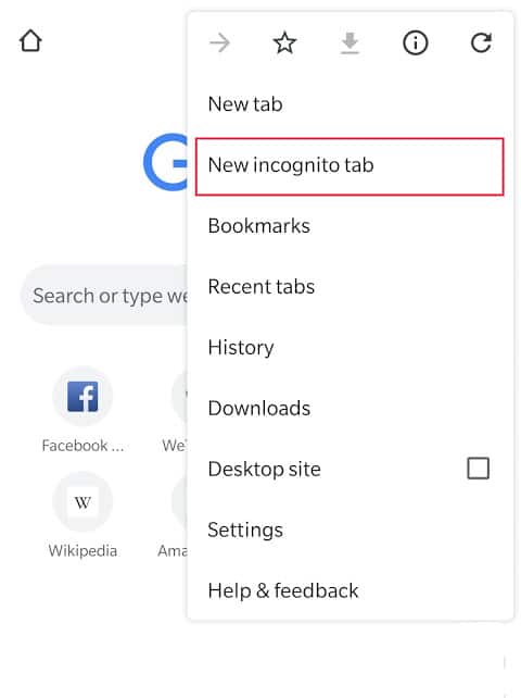 From the drop-down menu, select “New Incognito Tab”