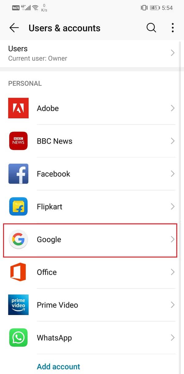 From the given list of accounts, select Google | Fix Google Calendar not syncing on Android